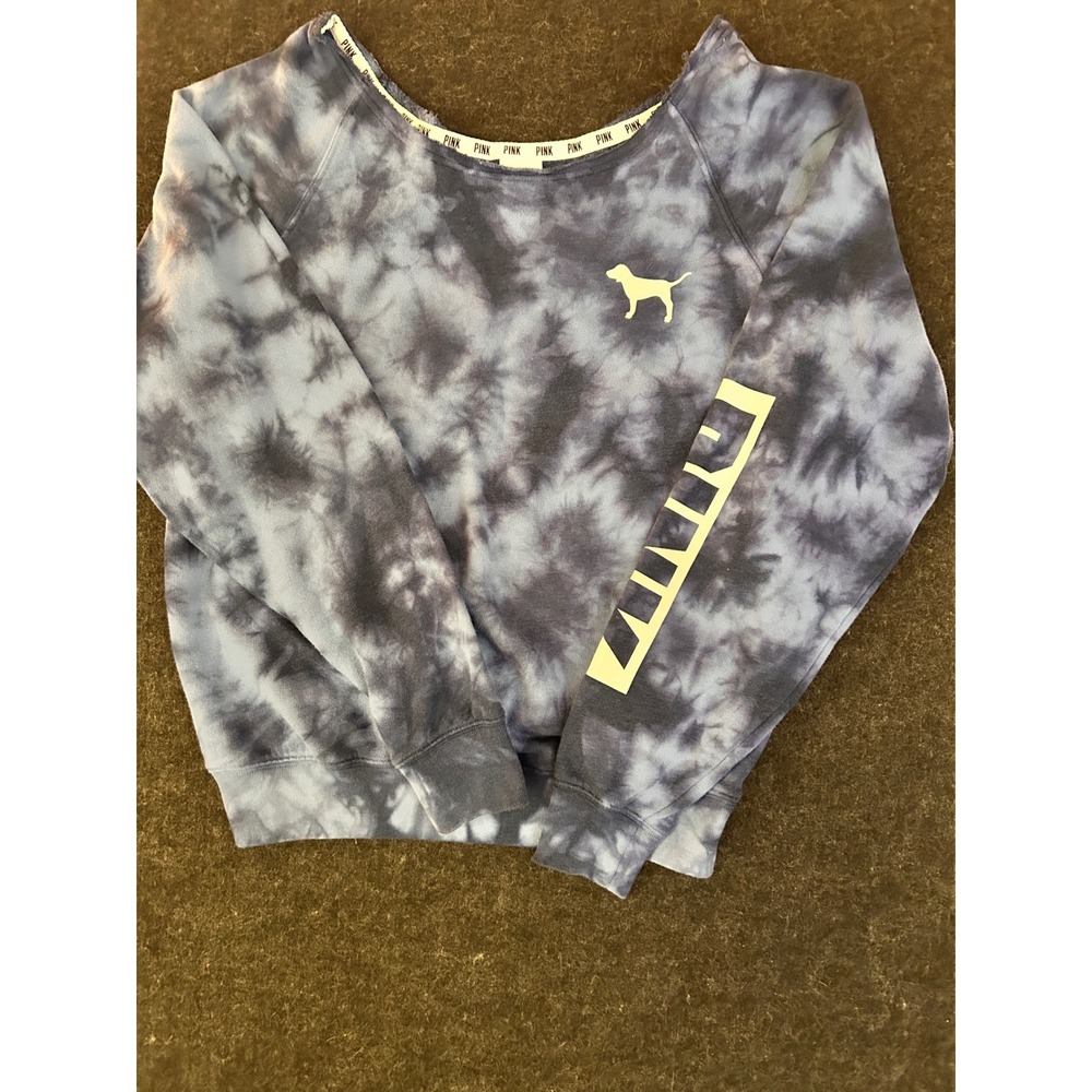 Victoria's Secret PINK Tie Dye Sweatshirt Blue White Logo Crew Neck‎ Small